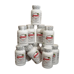 Stack of dietary supplement bottles with white labels and red logo.