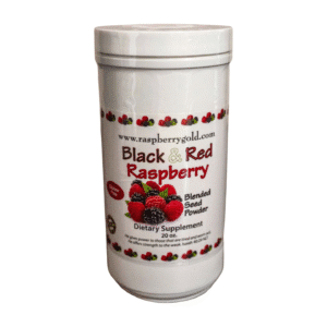 Container of Black and Red Raspberry capsules for health.
