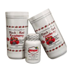 Three containers of raspberry-flavored dietary supplements.